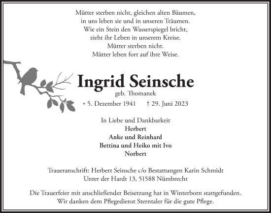 Anzeige von Ingrid Seinsche von  Lokalanzeiger 