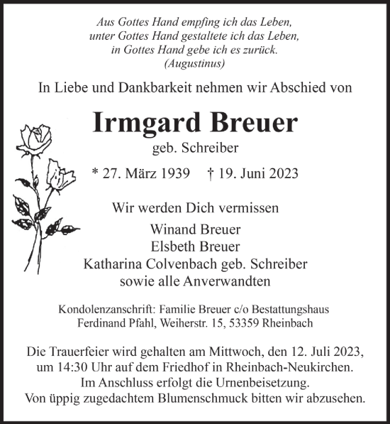 Anzeige von Irmgard Breuer von  Schaufenster/Blickpunkt 