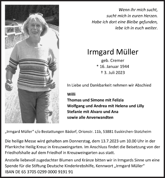 Anzeige von Irmgard Müller von  Blickpunkt Euskirchen 