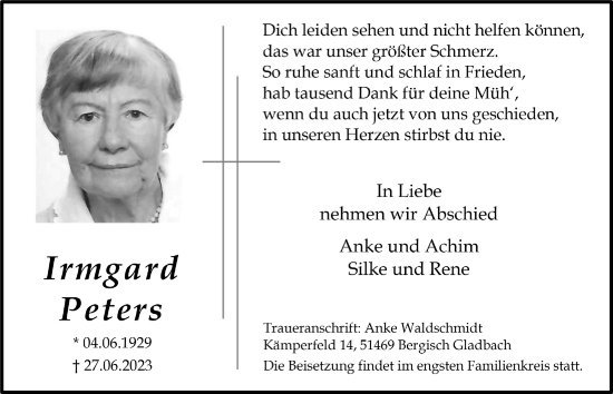 Anzeige von Irmgard Peters von  Bergisches Handelsblatt 