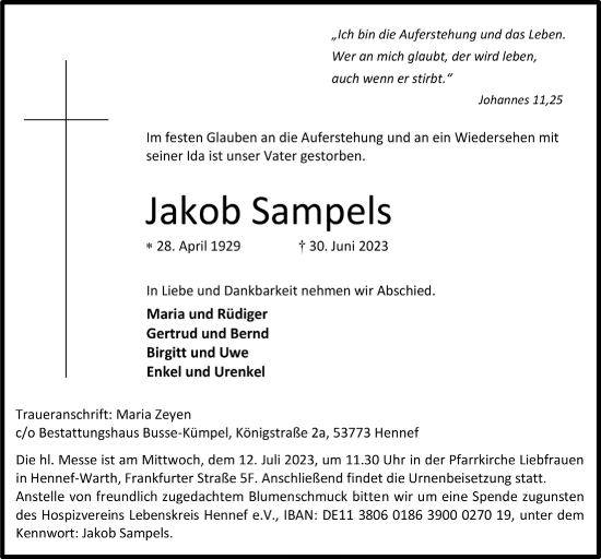 Anzeige von Jakob Sampels von  Blickpunkt Euskirchen 