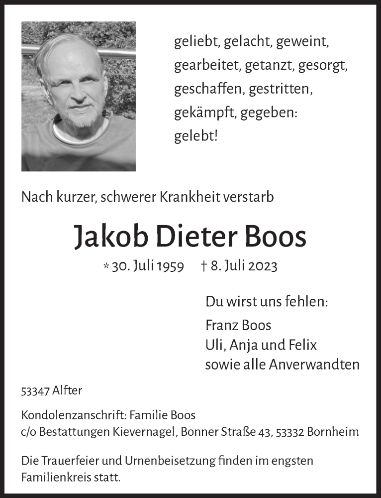  Traueranzeige für Jakob Dieter Boos vom 14.07.2023 aus  Schaufenster/Blickpunkt 