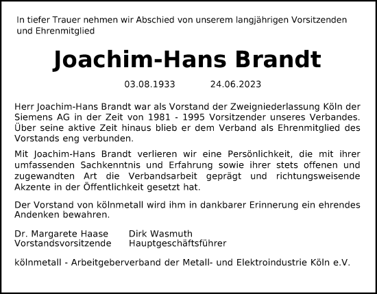 Anzeige von Joachim-Hans Brandt von Kölner Stadt-Anzeiger / Kölnische Rundschau / Express