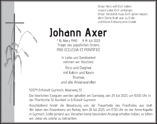 Anzeige von Johann Axer von  Werbepost 