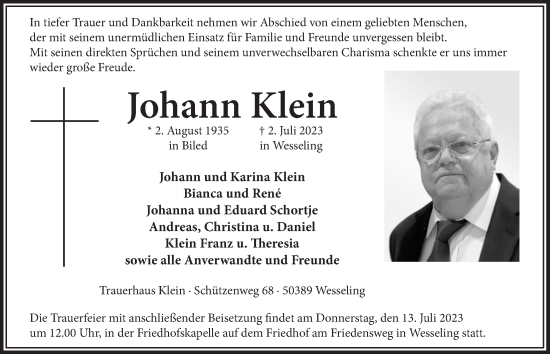 Anzeige von Johann Klein von  Schlossbote/Werbekurier 