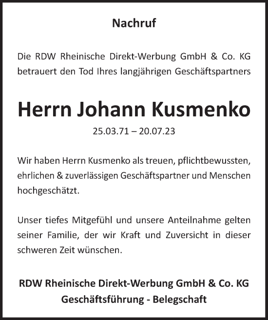 Anzeige von Johann Kusmenko von  Anzeigen Echo 