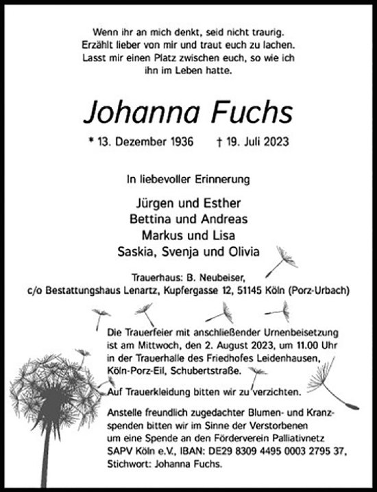 Anzeige von Johanna Fuchs von  EXPRESS - Die Woche 