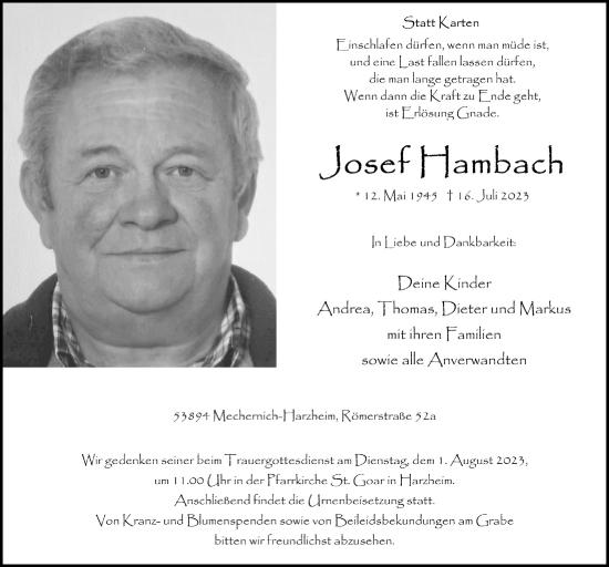 Anzeige von Josef Hambach von  Blickpunkt Euskirchen 