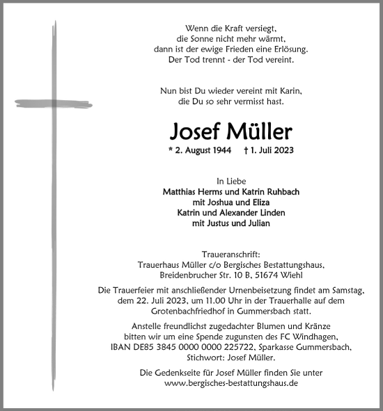 Anzeige von Josef Müller von  Anzeigen Echo 