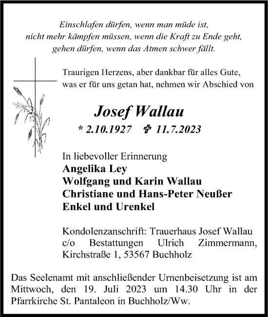 Anzeige von Josef Wallau von Kölner Stadt-Anzeiger / Kölnische Rundschau / Express