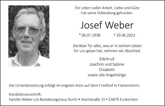 Anzeige von Josef Weber von  Blickpunkt Euskirchen 