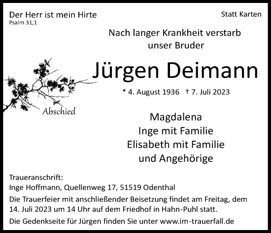Anzeige von Jürgen Deimann von Kölner Stadt-Anzeiger / Kölnische Rundschau / Express