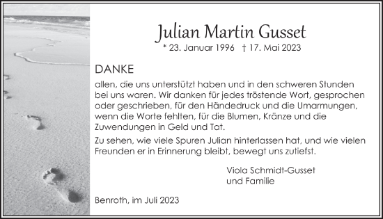 Anzeige von Juian Martin Gusset von  Lokalanzeiger 