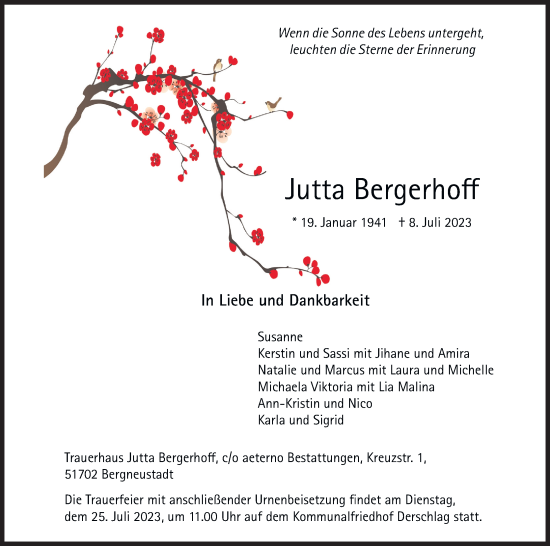 Anzeige von Jutta Bergerhoff von Kölner Stadt-Anzeiger / Kölnische Rundschau / Express