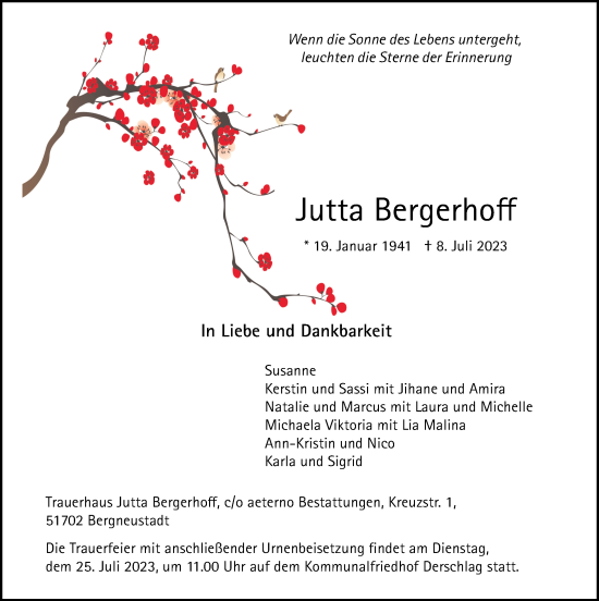 Anzeige von Jutta Bergerhoff von  Anzeigen Echo 