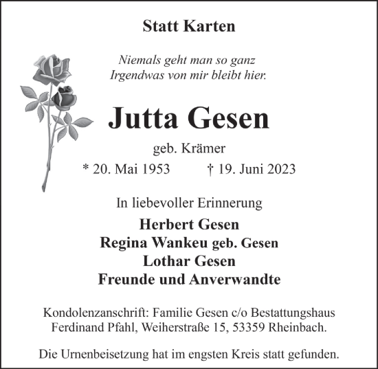 Anzeige von Jutta Gesen von  Blickpunkt Euskirchen 