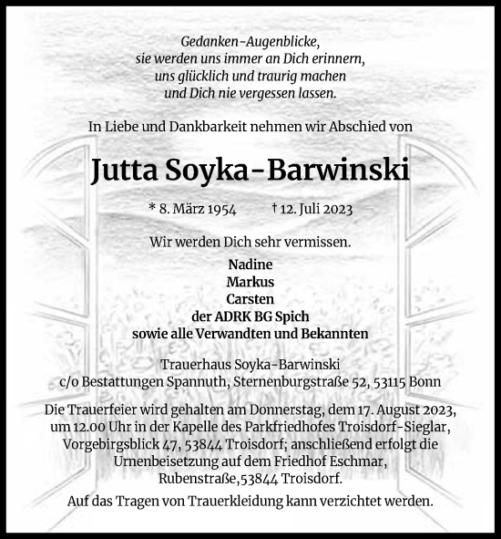 Anzeige von Jutta Soyka-Barwinski von Kölner Stadt-Anzeiger / Kölnische Rundschau / Express