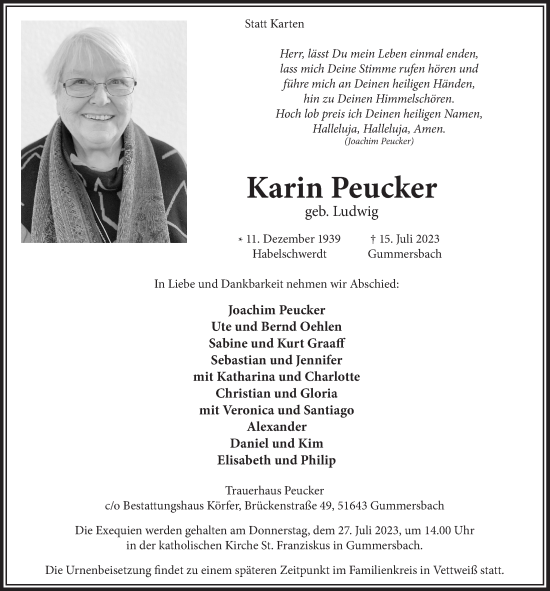 Anzeige von Karin Peucker von  Anzeigen Echo 