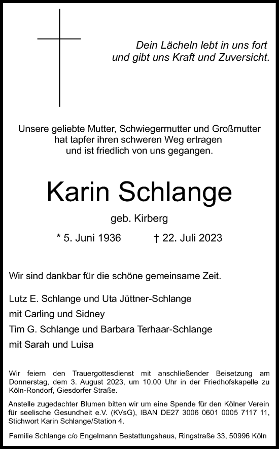 Anzeige von Karin Schlange von Kölner Stadt-Anzeiger / Kölnische Rundschau / Express