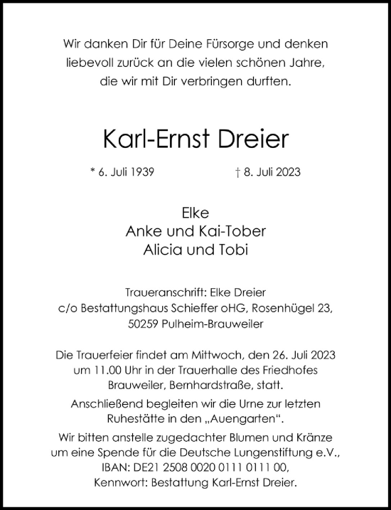 Anzeige von Karl-Ernst Dreier von  Wochenende 