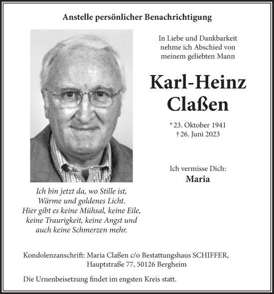 Anzeige von Karl-Heinz Claßen von  Werbepost 