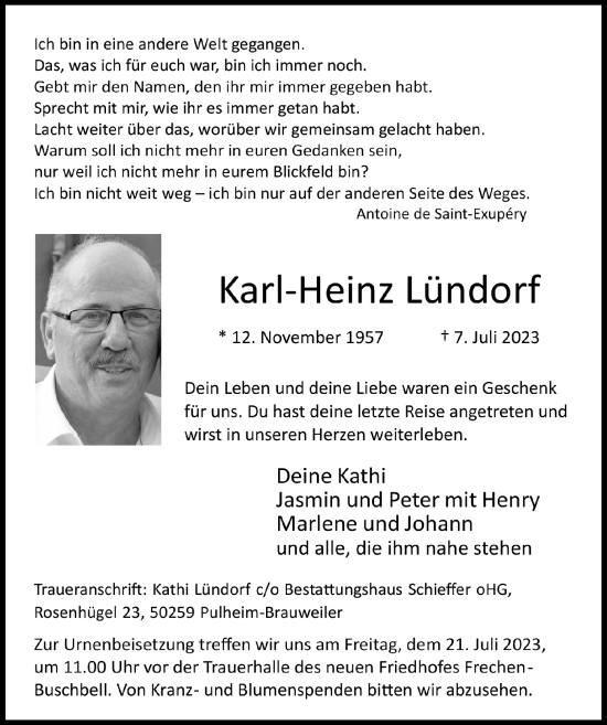 Anzeige von Karl-Heinz Lündorf von  Wochenende 