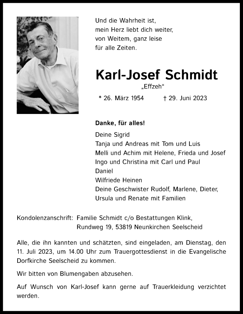  Traueranzeige für Karl-Josef Schmidt vom 05.07.2023 aus Kölner Stadt-Anzeiger / Kölnische Rundschau / Express