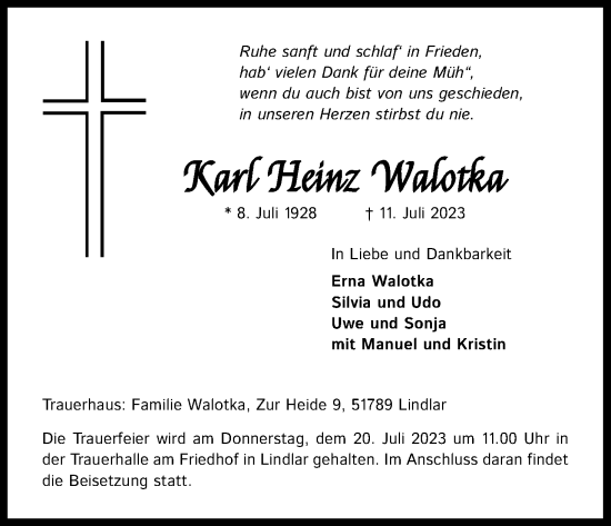Anzeige von Karl Heinz Walotka von Kölner Stadt-Anzeiger / Kölnische Rundschau / Express