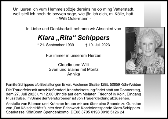 Anzeige von Klara Schippers von Kölner Stadt-Anzeiger / Kölnische Rundschau / Express