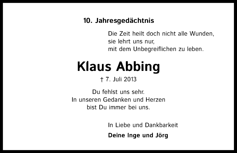  Traueranzeige für Klaus Abbing vom 18.07.2023 aus Kölner Stadt-Anzeiger / Kölnische Rundschau / Express