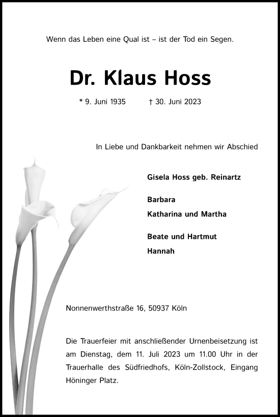 Anzeige von Klaus Hoss von Kölner Stadt-Anzeiger / Kölnische Rundschau / Express