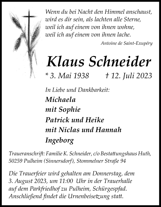Anzeige von Klaus Schneider von Kölner Stadt-Anzeiger / Kölnische Rundschau / Express