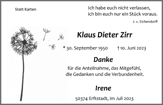 Anzeige von Klaus Dieter Zirr von  Werbepost 