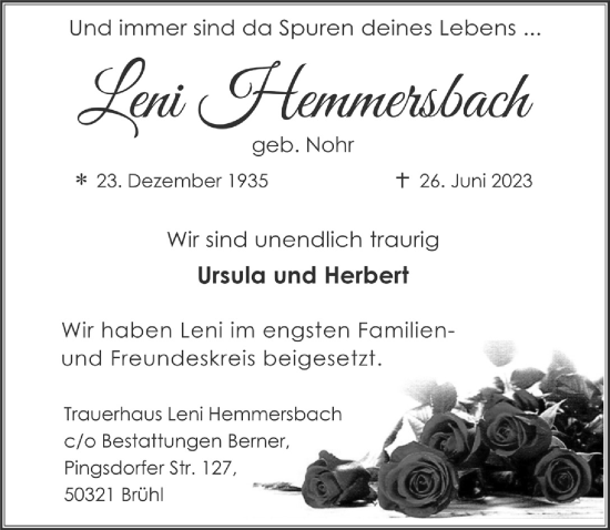 Anzeige von Leni Hemmersbach von  Schlossbote/Werbekurier 