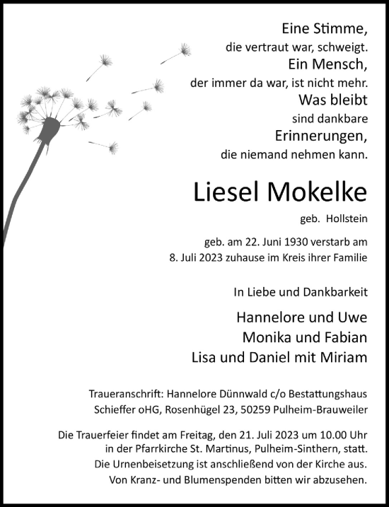 Anzeige von Liesel Mokelke von  Wochenende 