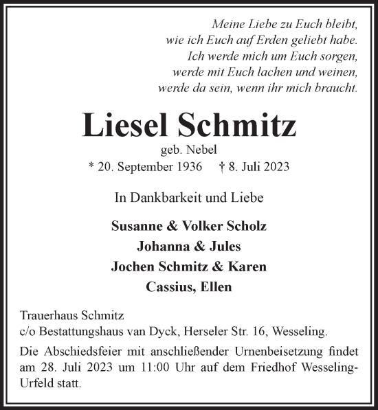 Anzeige von Liesel Schmitz von  Schlossbote/Werbekurier 