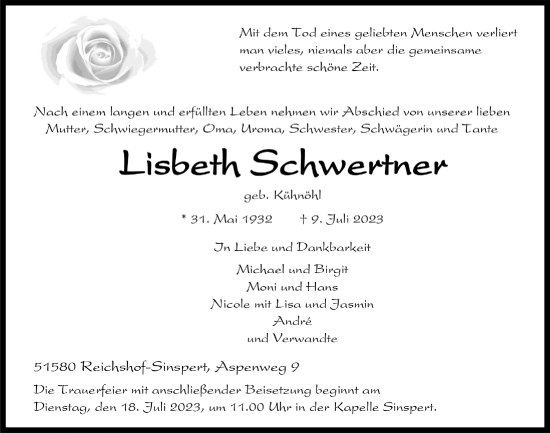 Anzeige von Lisbeth Schwertner von  Anzeigen Echo 