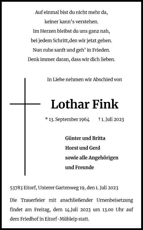 Anzeige von Lothar Fink von Kölner Stadt-Anzeiger / Kölnische Rundschau / Express