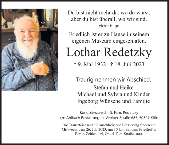 Anzeige von Lothar Redetzky von Kölner Stadt-Anzeiger / Kölnische Rundschau / Express