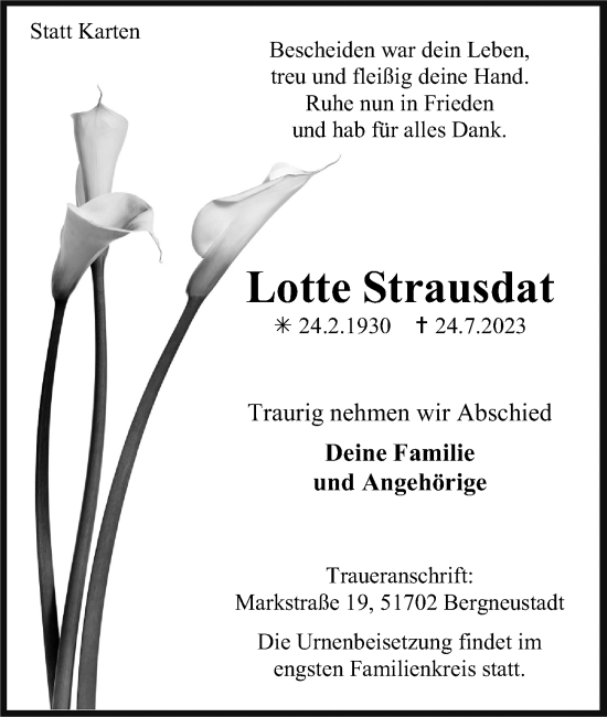 Anzeige von Lotte Strausdat von Kölner Stadt-Anzeiger / Kölnische Rundschau / Express