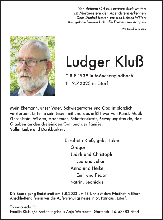 Anzeige von Ludger Kluß von Kölner Stadt-Anzeiger / Kölnische Rundschau / Express