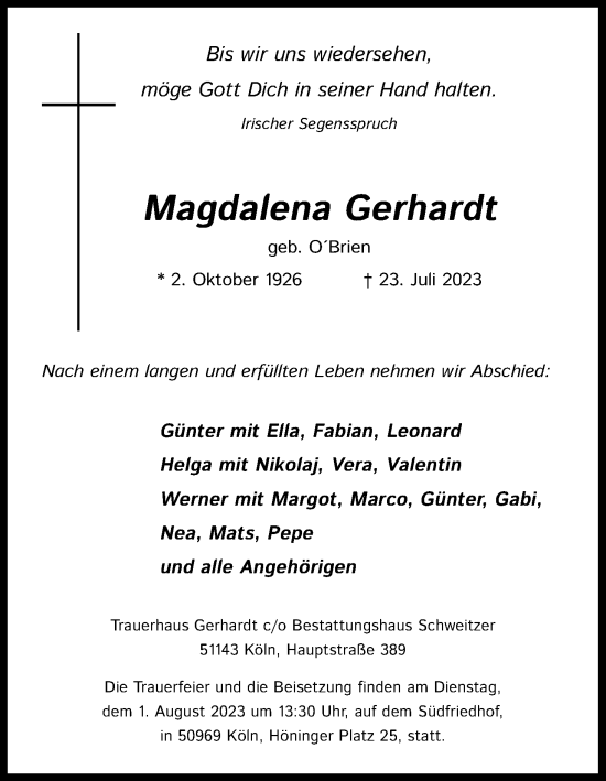 Anzeige von Magdalena Gerhardt von Kölner Stadt-Anzeiger / Kölnische Rundschau / Express