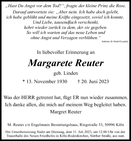 Anzeige von Margarete Reuter von Kölner Stadt-Anzeiger / Kölnische Rundschau / Express