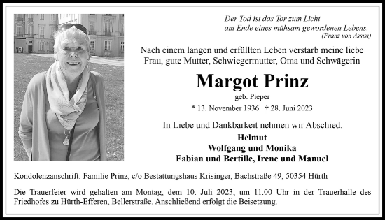 Anzeige von Margot Prinz von  Wochenende 