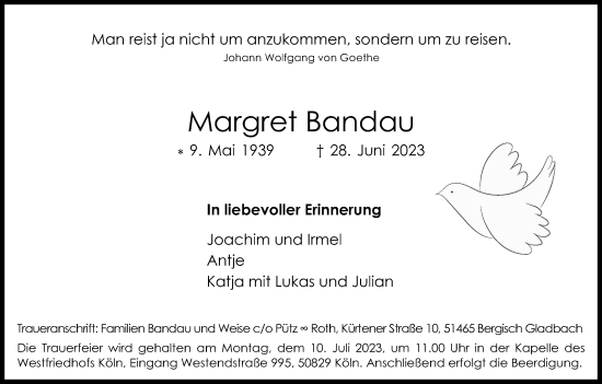 Anzeige von Margret Bandau von Kölner Stadt-Anzeiger / Kölnische Rundschau / Express