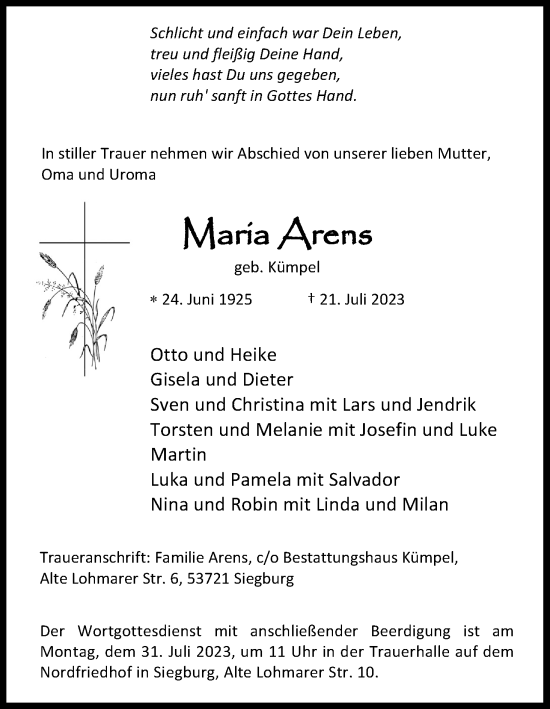 Anzeige von Maria Arens von Kölner Stadt-Anzeiger / Kölnische Rundschau / Express
