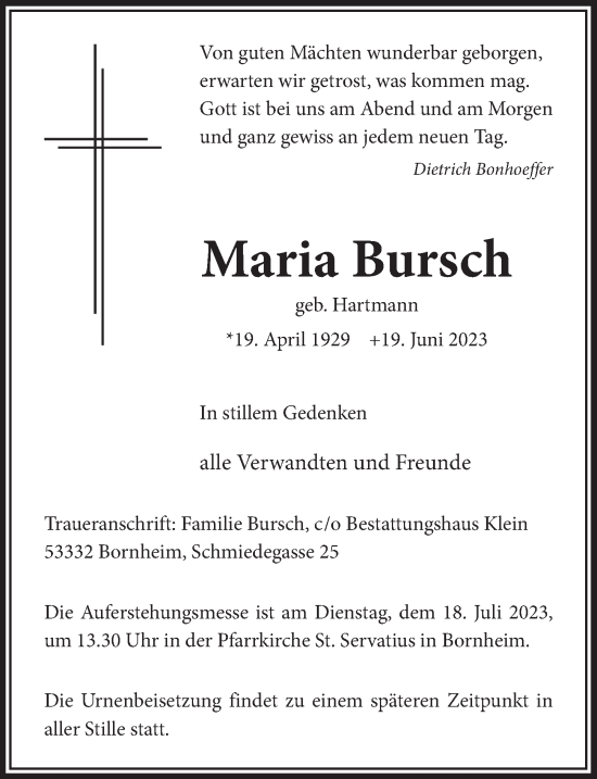 Anzeige von Maria Bursch von  Schaufenster/Blickpunkt 