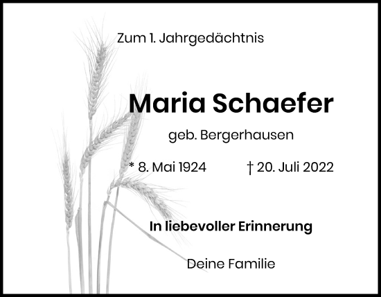 Anzeige von Maria Schaefer von Kölner Stadt-Anzeiger / Kölnische Rundschau / Express