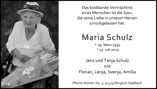 Anzeige von Maria Schulz von Kölner Stadt-Anzeiger / Kölnische Rundschau / Express