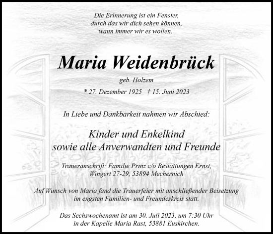 Anzeige von Maria Weidenbrück von  Blickpunkt Euskirchen 